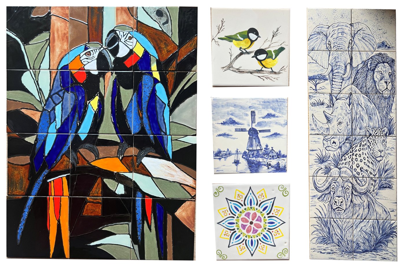 Collage handgefertigter Sandre Fliesen mit Papageien, Delfter Motivfliesen, Mandala und großem Tier-Fliesenbild